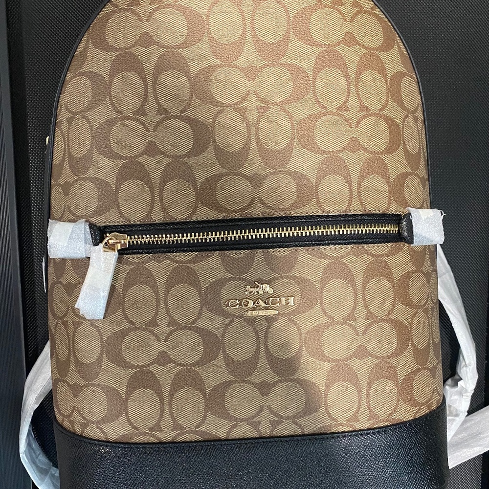 NWT Coach Kenley Large Backpack Signature Monogram C5679 Khaki Black Bag